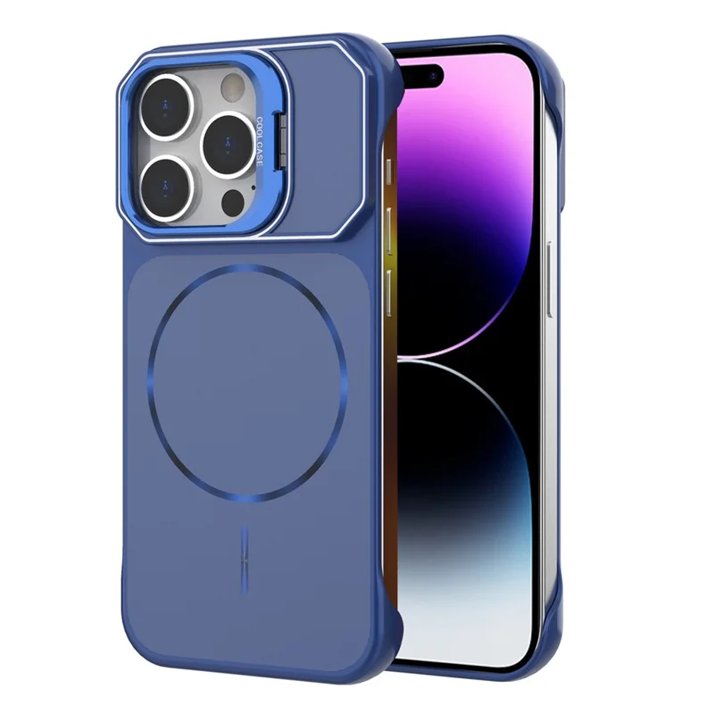 For iPhone 14 Pro Max Magnetic Case Lens Frame Kickstand Matte PC Frameless Phone Cover - Blue