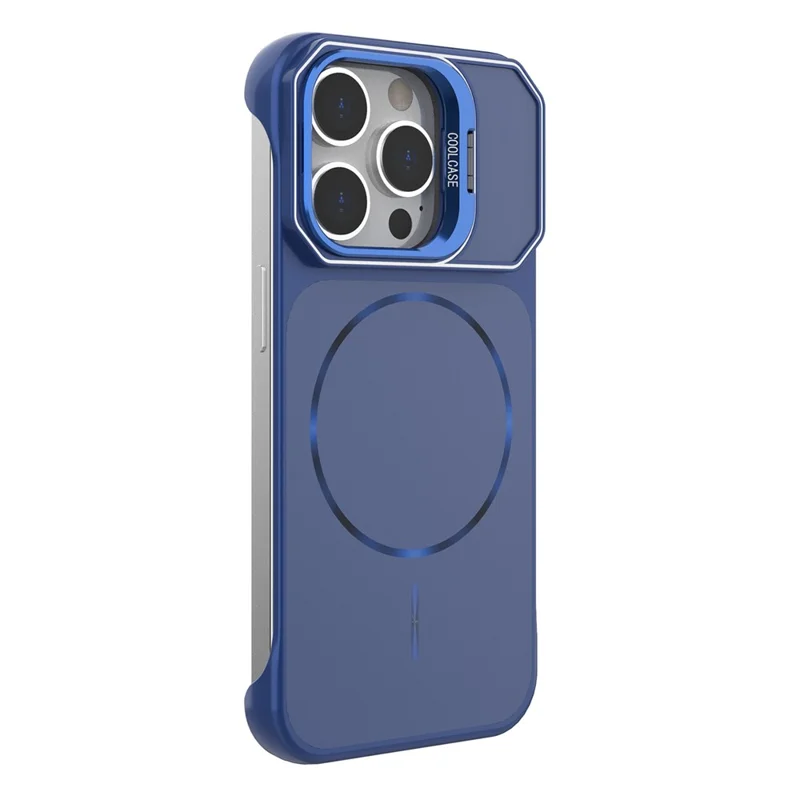 For iPhone 14 Pro Max Magnetic Case Lens Frame Kickstand Matte PC Frameless Phone Cover - Blue