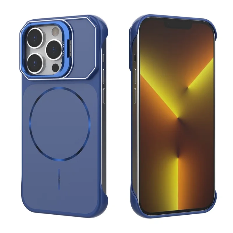 For iPhone 14 Pro Max Magnetic Case Lens Frame Kickstand Matte PC Frameless Phone Cover - Blue