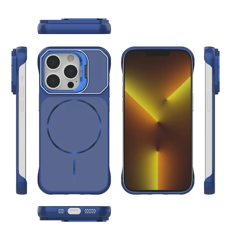 For iPhone 14 Pro Max Magnetic Case Lens Frame Kickstand Matte PC Frameless Phone Cover - Blue