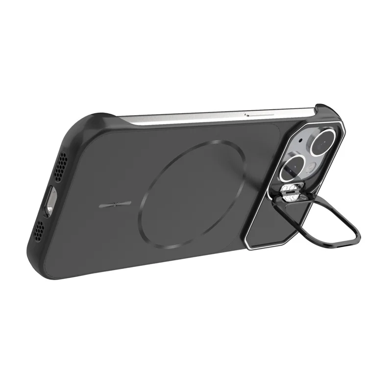 For iPhone 15 Magnetic Case Lens Frame Kickstand Matte PC Frameless Phone Cover - Black