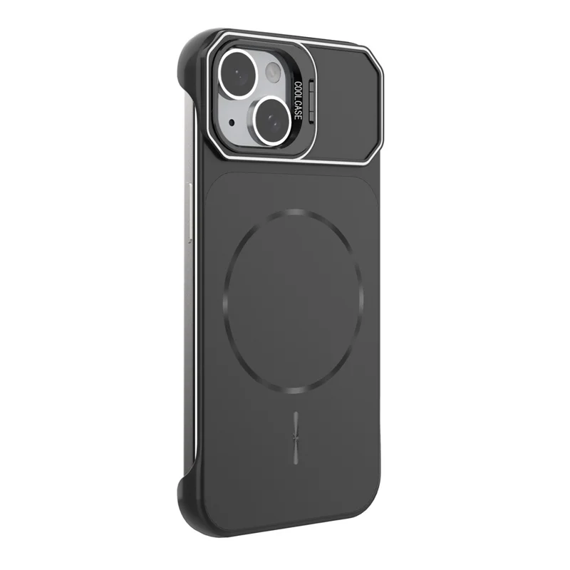 For iPhone 15 Magnetic Case Lens Frame Kickstand Matte PC Frameless Phone Cover - Black