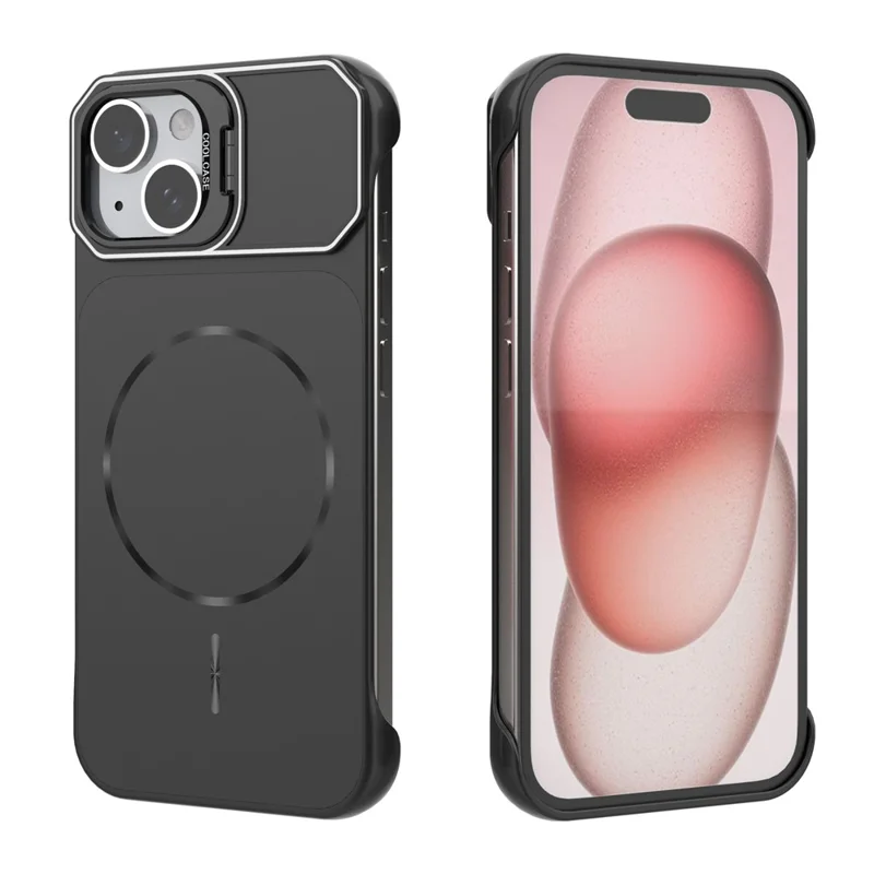 For iPhone 15 Magnetic Case Lens Frame Kickstand Matte PC Frameless Phone Cover - Black