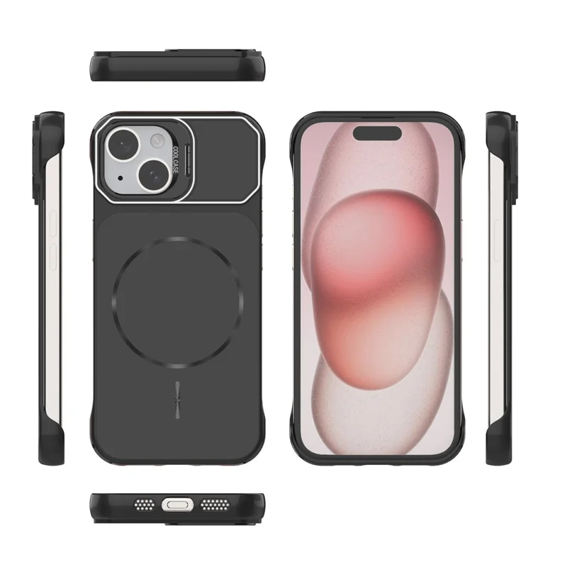 For iPhone 15 Magnetic Case Lens Frame Kickstand Matte PC Frameless Phone Cover - Black