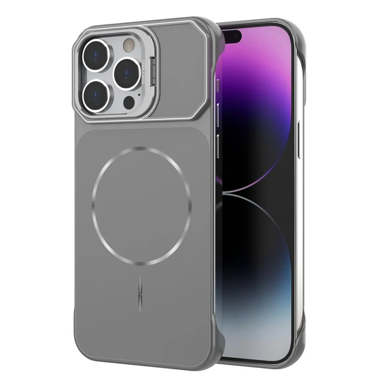 For iPhone 15 Pro Magnetic Case Lens Frame Kickstand Matte PC Frameless Phone Cover - Grey