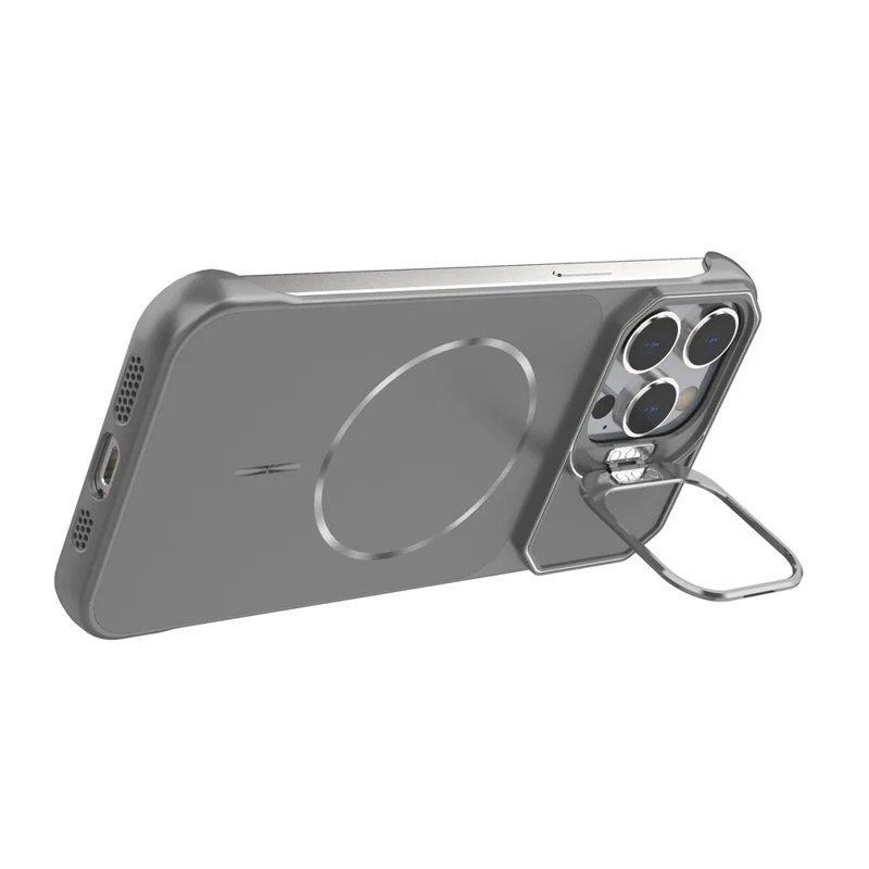 For iPhone 15 Pro Magnetic Case Lens Frame Kickstand Matte PC Frameless Phone Cover - Grey