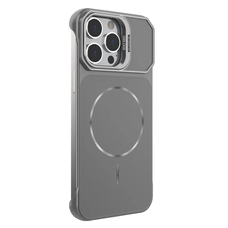 For iPhone 15 Pro Magnetic Case Lens Frame Kickstand Matte PC Frameless Phone Cover - Grey