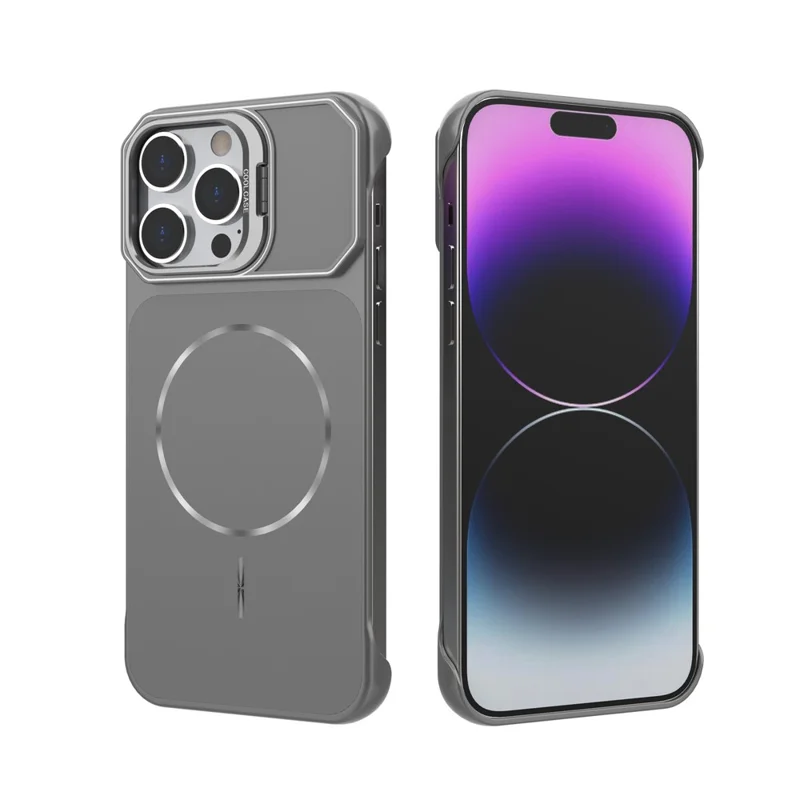 For iPhone 15 Pro Magnetic Case Lens Frame Kickstand Matte PC Frameless Phone Cover - Grey