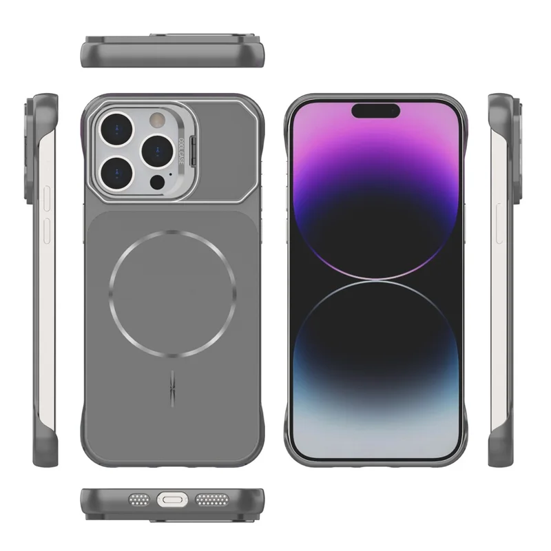 For iPhone 15 Pro Magnetic Case Lens Frame Kickstand Matte PC Frameless Phone Cover - Grey