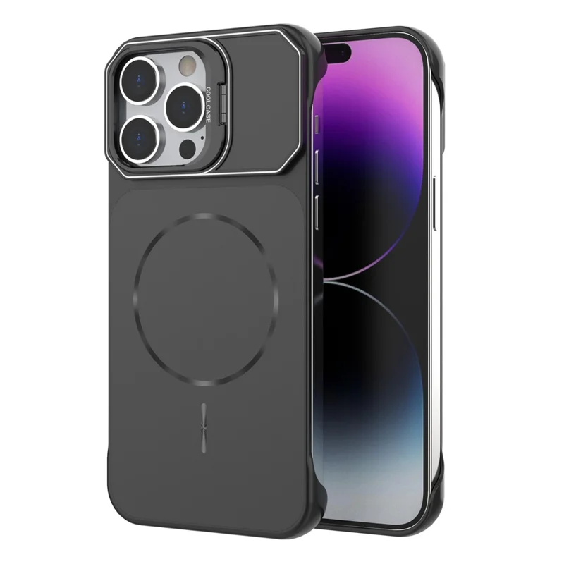For iPhone 15 Pro Max Magnetic Case Lens Frame Kickstand Matte PC Frameless Phone Cover - Black