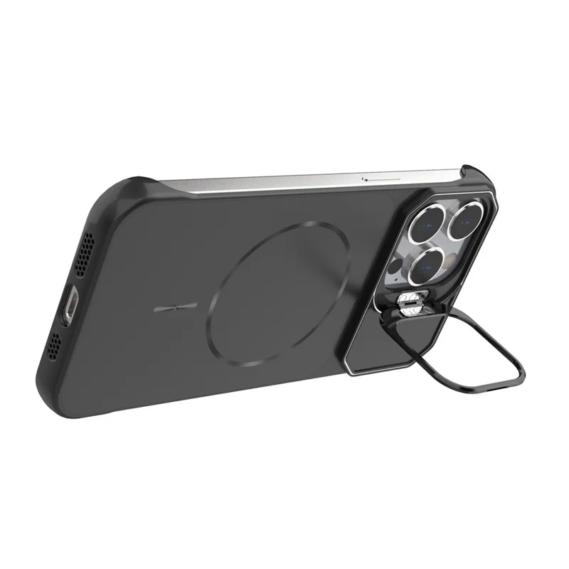 For iPhone 15 Pro Max Magnetic Case Lens Frame Kickstand Matte PC Frameless Phone Cover - Black