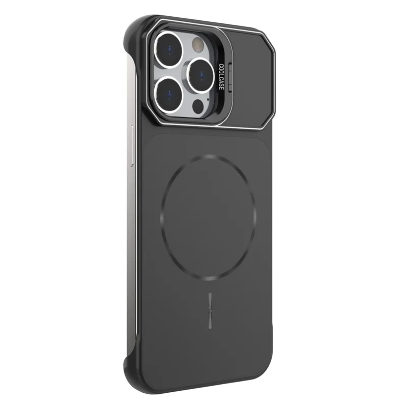 For iPhone 15 Pro Max Magnetic Case Lens Frame Kickstand Matte PC Frameless Phone Cover - Black
