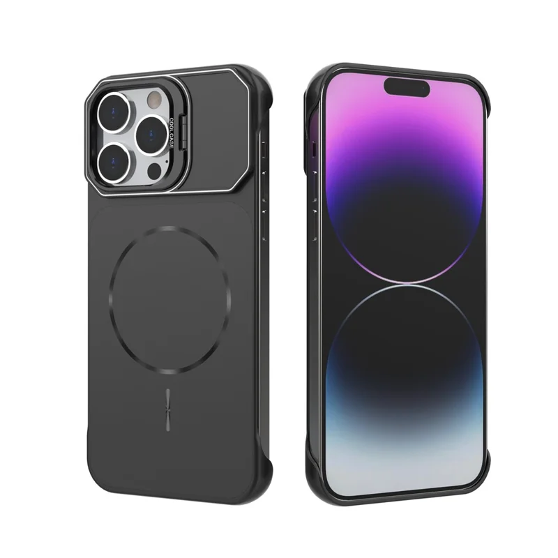 For iPhone 15 Pro Max Magnetic Case Lens Frame Kickstand Matte PC Frameless Phone Cover - Black