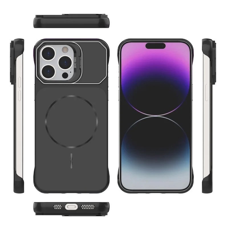 For iPhone 15 Pro Max Magnetic Case Lens Frame Kickstand Matte PC Frameless Phone Cover - Black