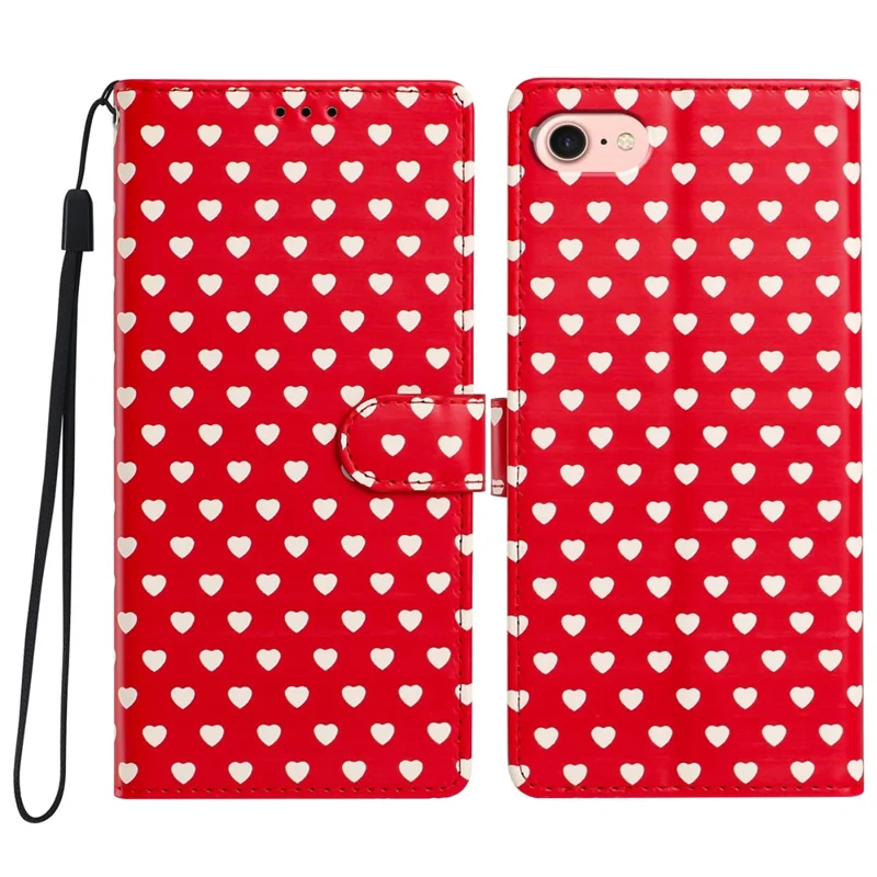 For iPhone 17e / 16e Case Heart Pattern PU Leather Flip Wallet Stand Phone Cover with Wrist Strap - Red
