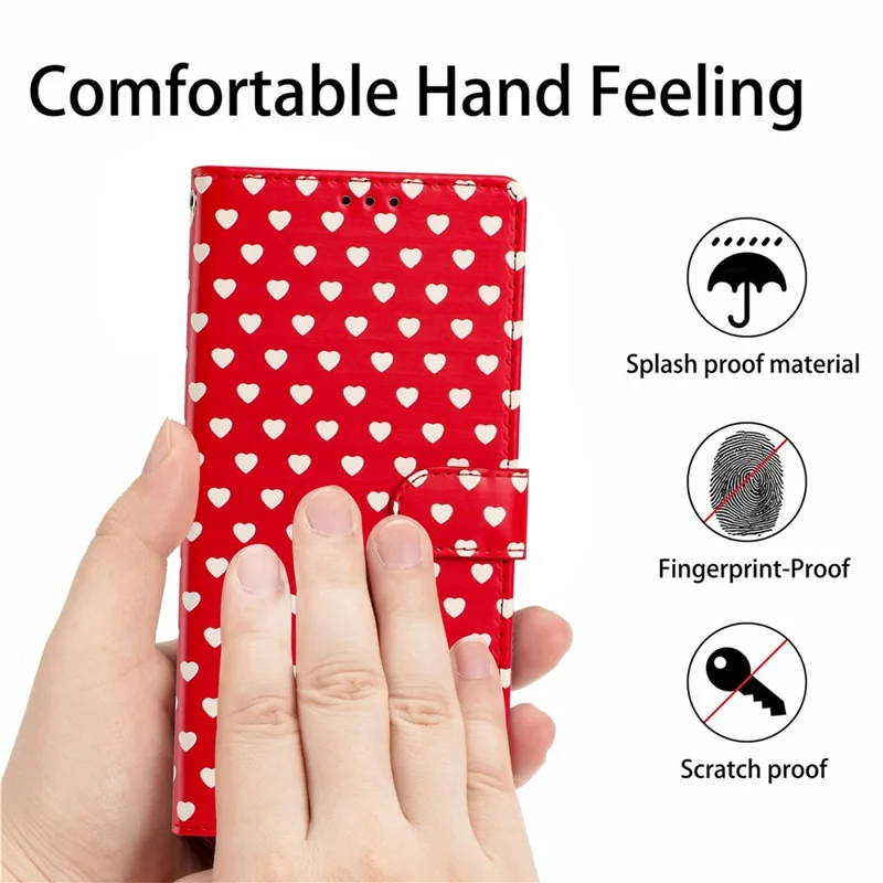 For iPhone 17e / 16e Case Heart Pattern PU Leather Flip Wallet Stand Phone Cover with Wrist Strap - Red