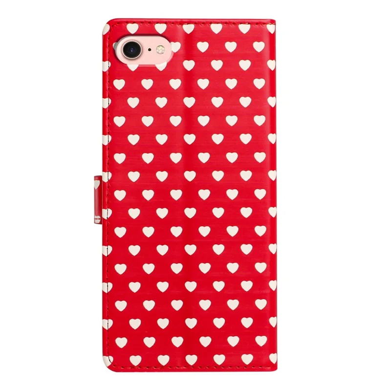 For iPhone 17e / 16e Case Heart Pattern PU Leather Flip Wallet Stand Phone Cover with Wrist Strap - Red