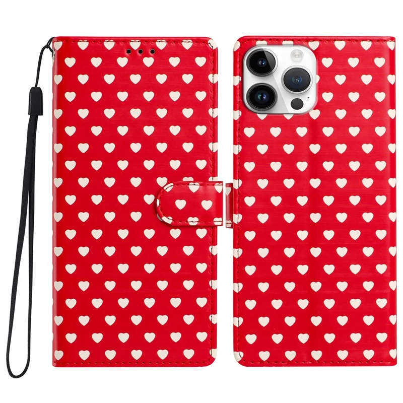 For iPhone 16 Pro Max Case Heart Pattern PU Leather Flip Wallet Stand Phone Cover with Wrist Strap - Red