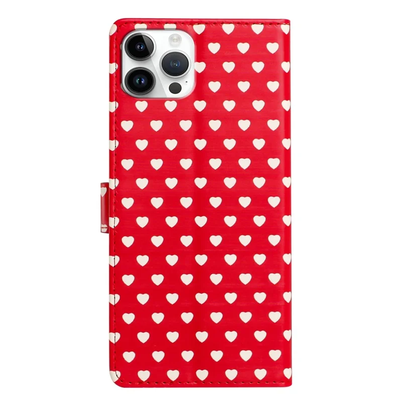 For iPhone 16 Pro Max Case Heart Pattern PU Leather Flip Wallet Stand Phone Cover with Wrist Strap - Red