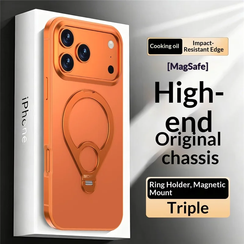 IM-CHEN For iPhone 17 Pro Max Magnetic Case Tennis Racket Kickstand Metal + PC Shockproof Phone Cover - Orange