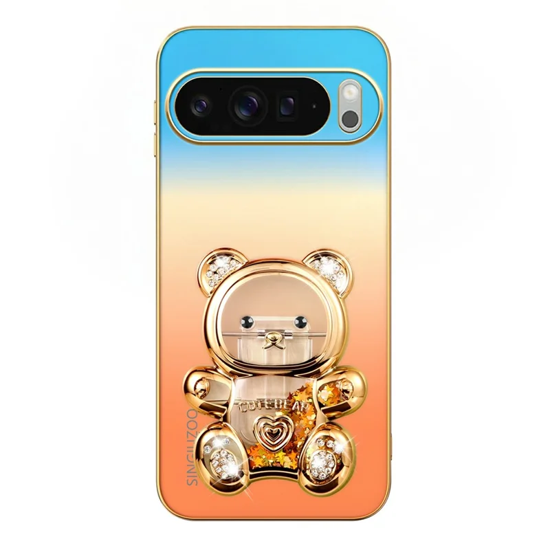 SINGIUZOO For Google Pixel 10 Pro XL Case Glitter Bear Kickstand Electroplated Gradient Color PC + TPU Phone Cover - Orange
