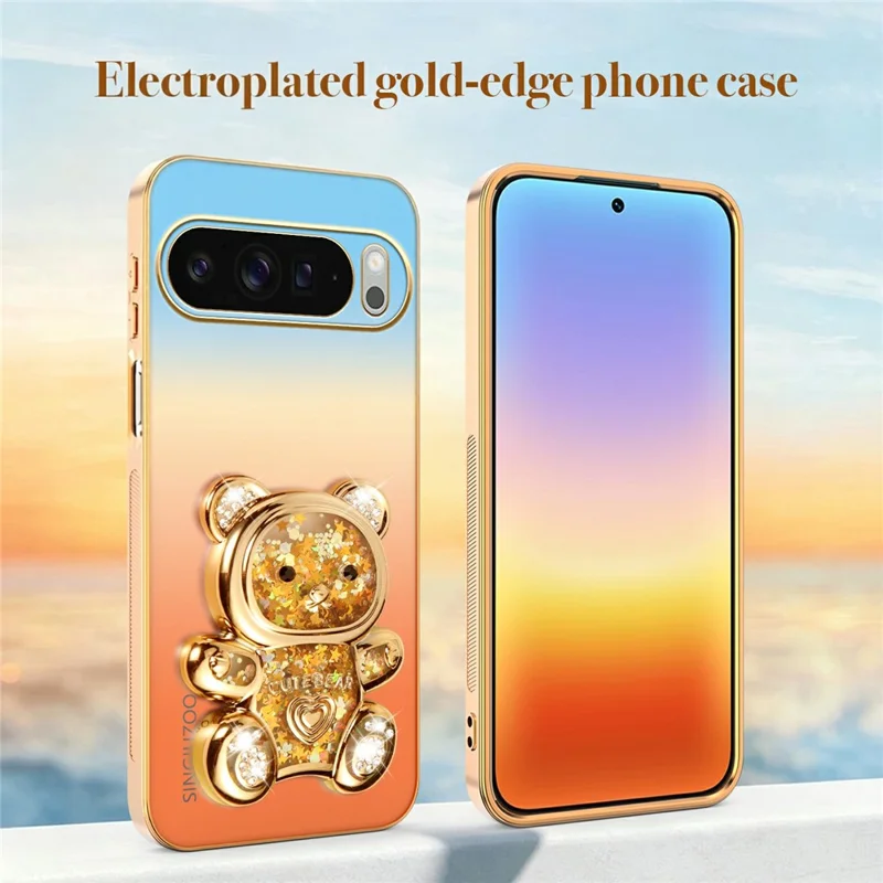 SINGIUZOO For Google Pixel 10 Pro XL Case Glitter Bear Kickstand Electroplated Gradient Color PC + TPU Phone Cover - Orange