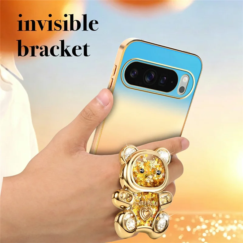 SINGIUZOO For Google Pixel 10 Pro XL Case Glitter Bear Kickstand Electroplated Gradient Color PC + TPU Phone Cover - Orange