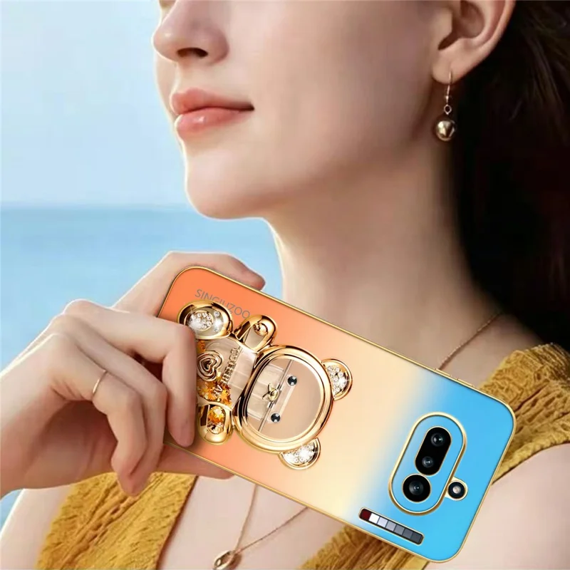SINGIUZOO For Nothing Phone (4a) Case Glitter Bear Kickstand Electroplated Gradient Color PC + TPU Phone Cover - Orange
