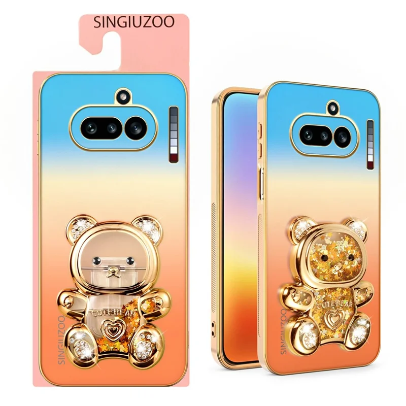 SINGIUZOO For Nothing Phone (4a) Case Glitter Bear Kickstand Electroplated Gradient Color PC + TPU Phone Cover - Orange