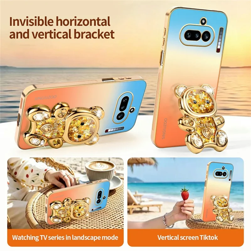 SINGIUZOO For Nothing Phone (4a) Case Glitter Bear Kickstand Electroplated Gradient Color PC + TPU Phone Cover - Orange