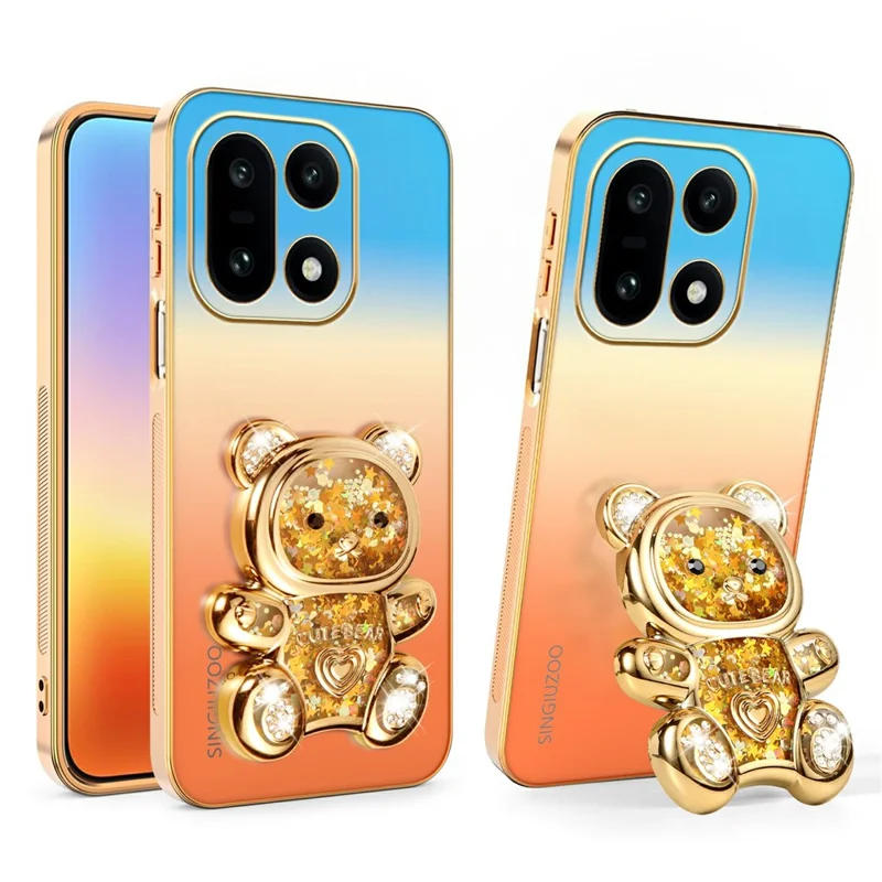 SINGIUZOO For OnePlus 15 5G Case Glitter Bear Kickstand Electroplated Gradient Color PC + TPU Phone Cover - Orange