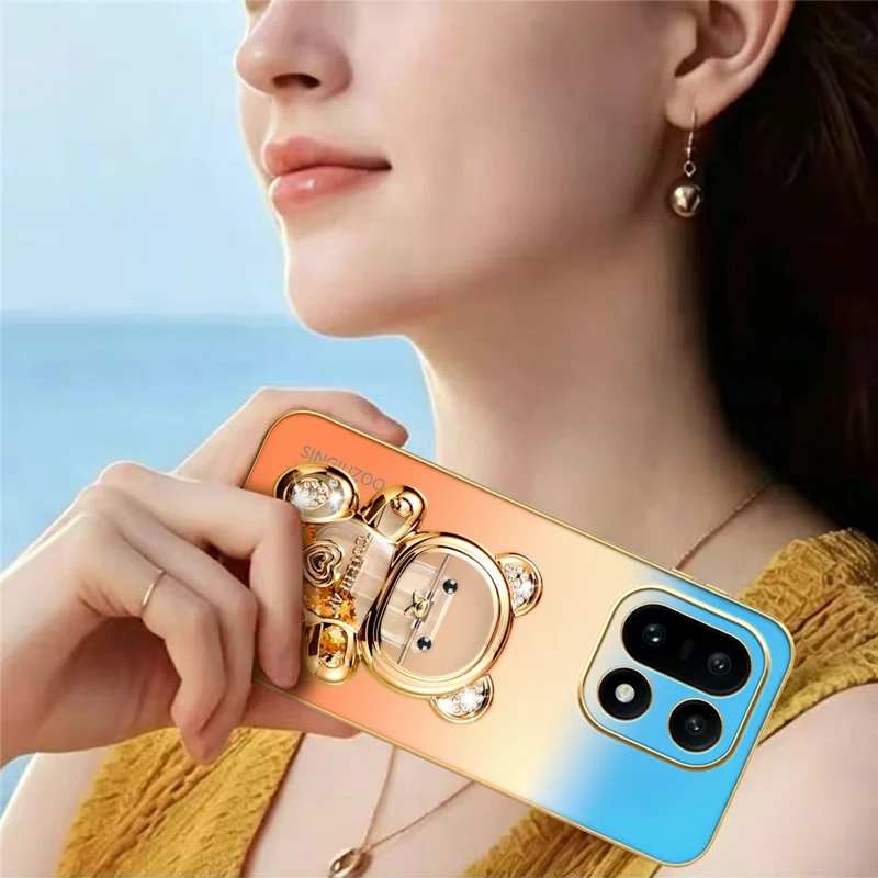 SINGIUZOO For OnePlus 15 5G Case Glitter Bear Kickstand Electroplated Gradient Color PC + TPU Phone Cover - Orange