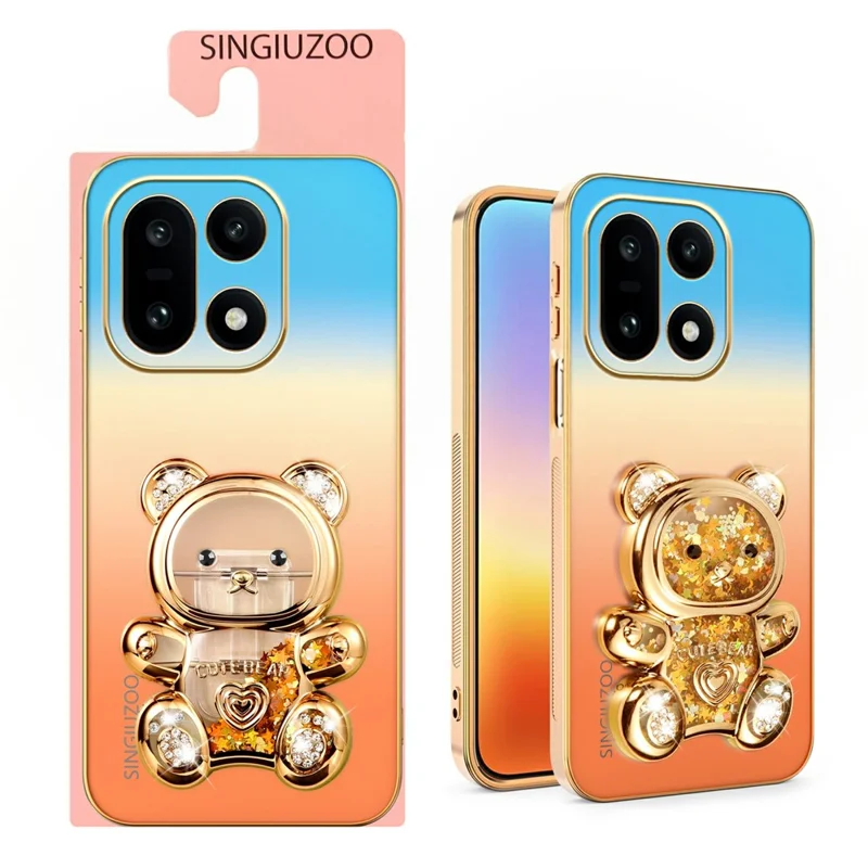 SINGIUZOO For OnePlus 15 5G Case Glitter Bear Kickstand Electroplated Gradient Color PC + TPU Phone Cover - Orange