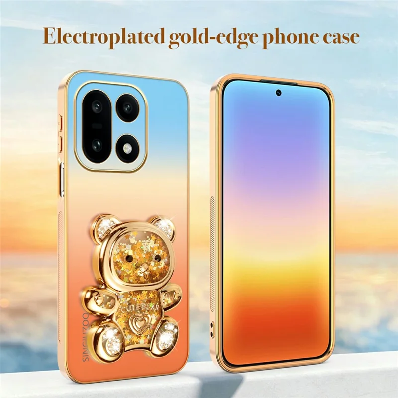SINGIUZOO For OnePlus 15 5G Case Glitter Bear Kickstand Electroplated Gradient Color PC + TPU Phone Cover - Orange