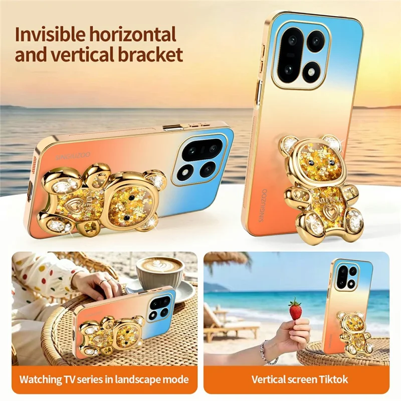 SINGIUZOO For OnePlus 15 5G Case Glitter Bear Kickstand Electroplated Gradient Color PC + TPU Phone Cover - Orange