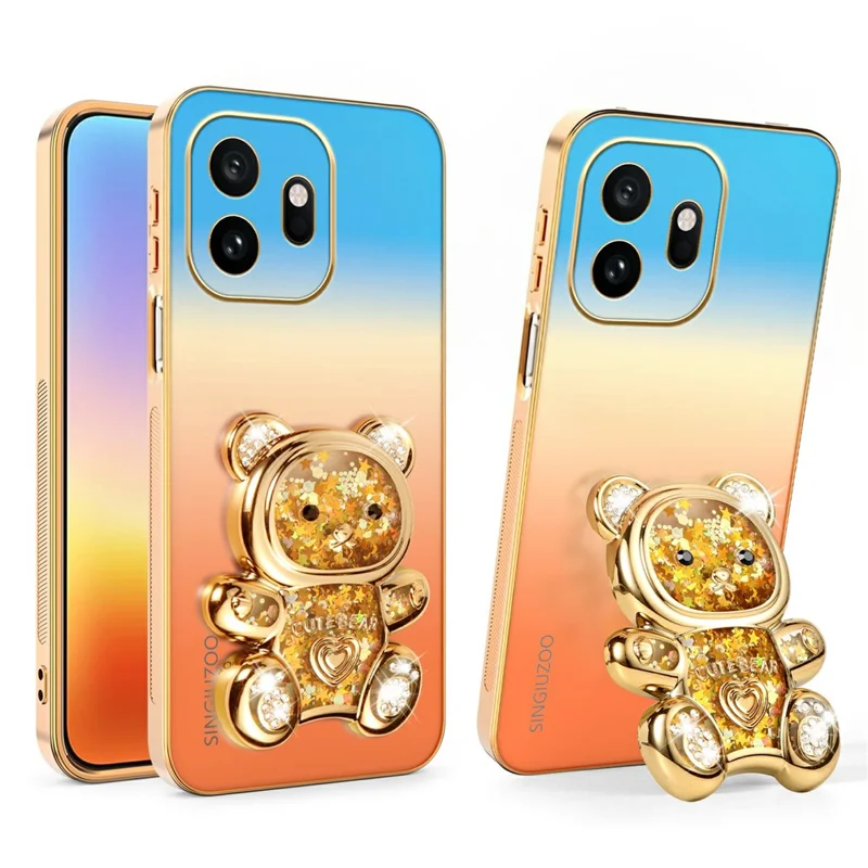 SINGIUZOO For OnePlus 15T 5G Case Glitter Bear Kickstand Electroplated Gradient Color PC + TPU Phone Cover - Orange