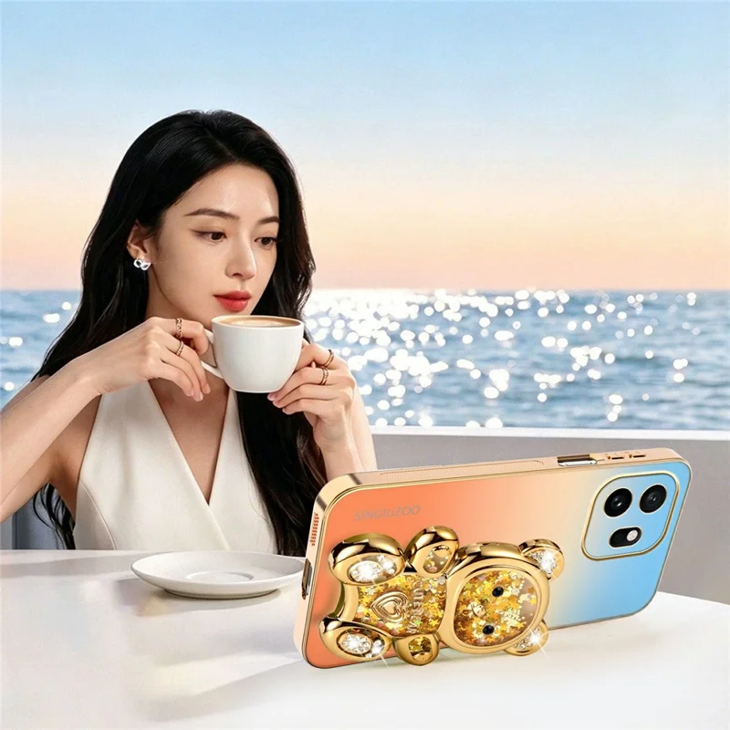SINGIUZOO For OnePlus 15T 5G Case Glitter Bear Kickstand Electroplated Gradient Color PC + TPU Phone Cover - Orange