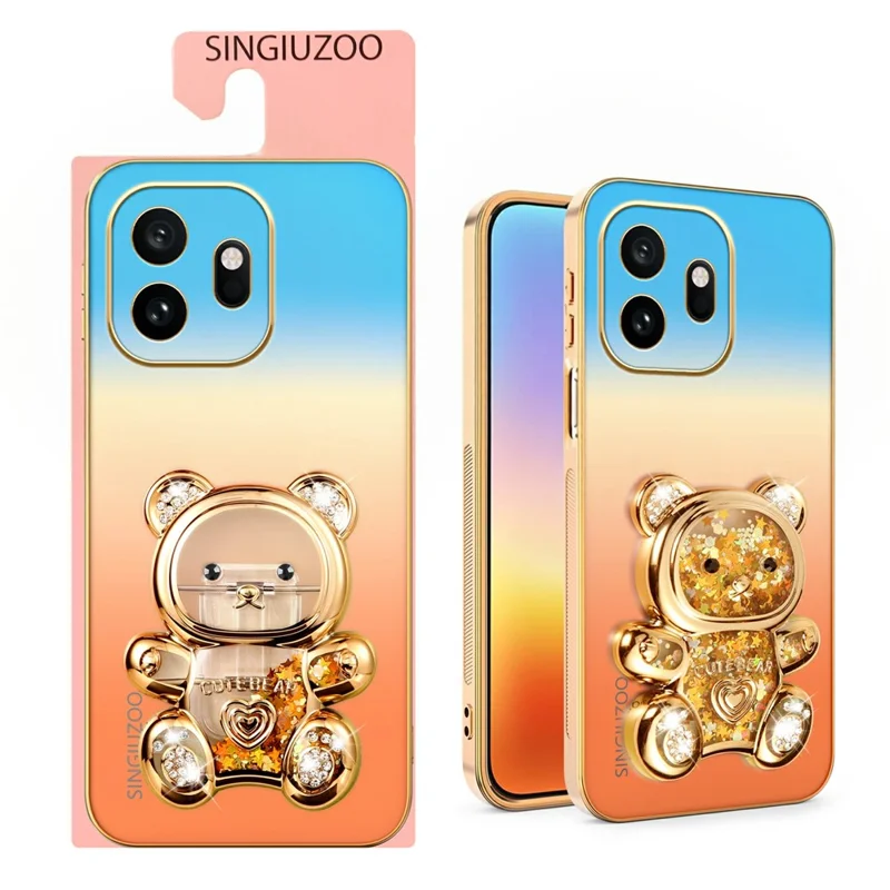 SINGIUZOO For OnePlus 15T 5G Case Glitter Bear Kickstand Electroplated Gradient Color PC + TPU Phone Cover - Orange