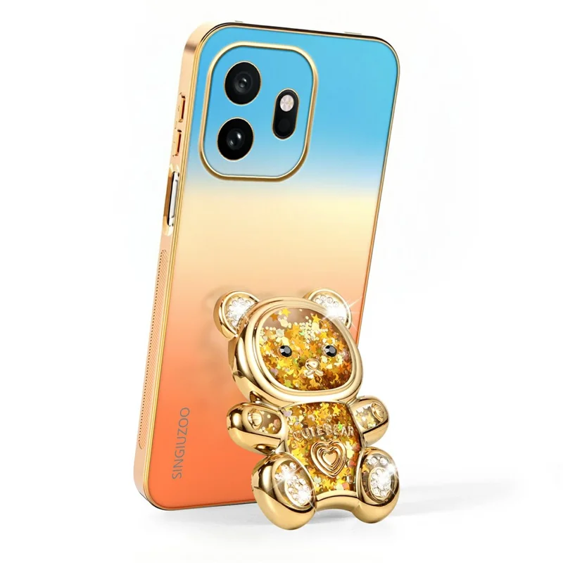 SINGIUZOO For OnePlus 15T 5G Case Glitter Bear Kickstand Electroplated Gradient Color PC + TPU Phone Cover - Orange
