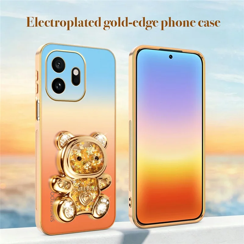 SINGIUZOO For OnePlus 15T 5G Case Glitter Bear Kickstand Electroplated Gradient Color PC + TPU Phone Cover - Orange