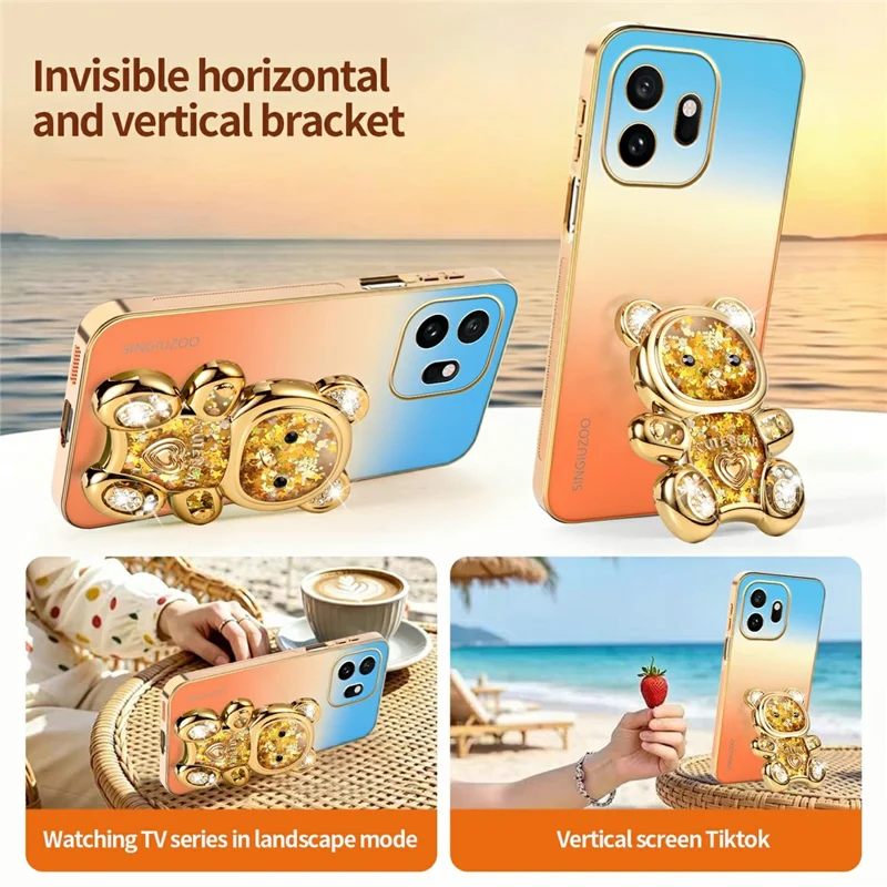 SINGIUZOO For OnePlus 15T 5G Case Glitter Bear Kickstand Electroplated Gradient Color PC + TPU Phone Cover - Orange