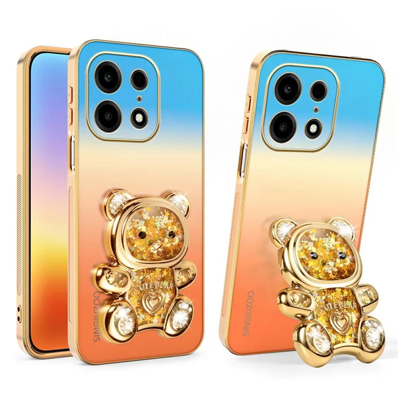 SINGIUZOO For OnePlus Turbo 6X Pro 5G Case Glitter Bear Kickstand Electroplated Gradient Color PC + TPU Phone Cover - Orange