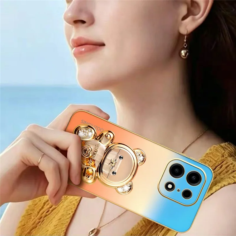 SINGIUZOO For OnePlus Turbo 6X Pro 5G Case Glitter Bear Kickstand Electroplated Gradient Color PC + TPU Phone Cover - Orange