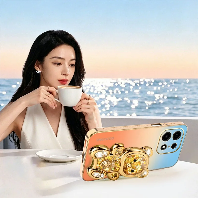 SINGIUZOO For OnePlus Turbo 6X Pro 5G Case Glitter Bear Kickstand Electroplated Gradient Color PC + TPU Phone Cover - Orange