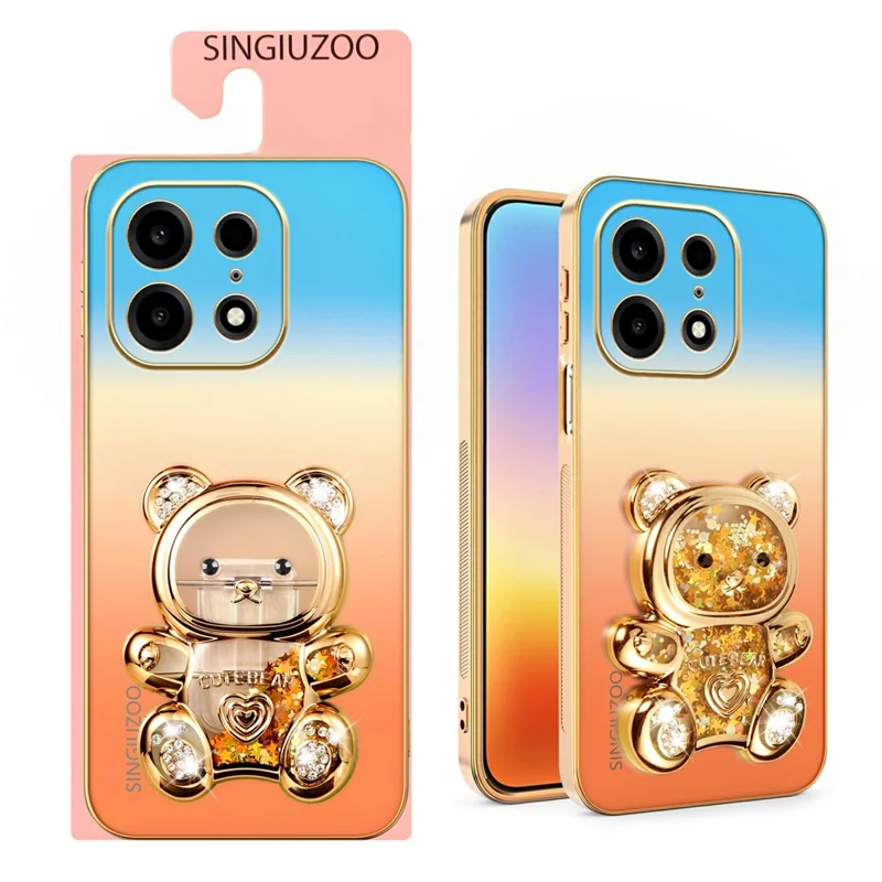 SINGIUZOO For OnePlus Turbo 6X Pro 5G Case Glitter Bear Kickstand Electroplated Gradient Color PC + TPU Phone Cover - Orange
