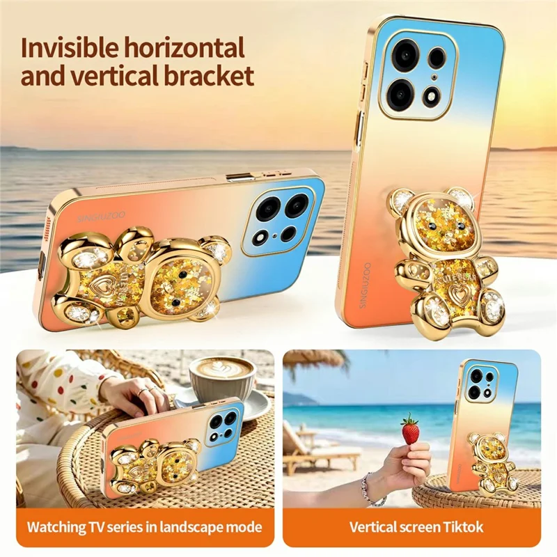 SINGIUZOO For OnePlus Turbo 6X Pro 5G Case Glitter Bear Kickstand Electroplated Gradient Color PC + TPU Phone Cover - Orange