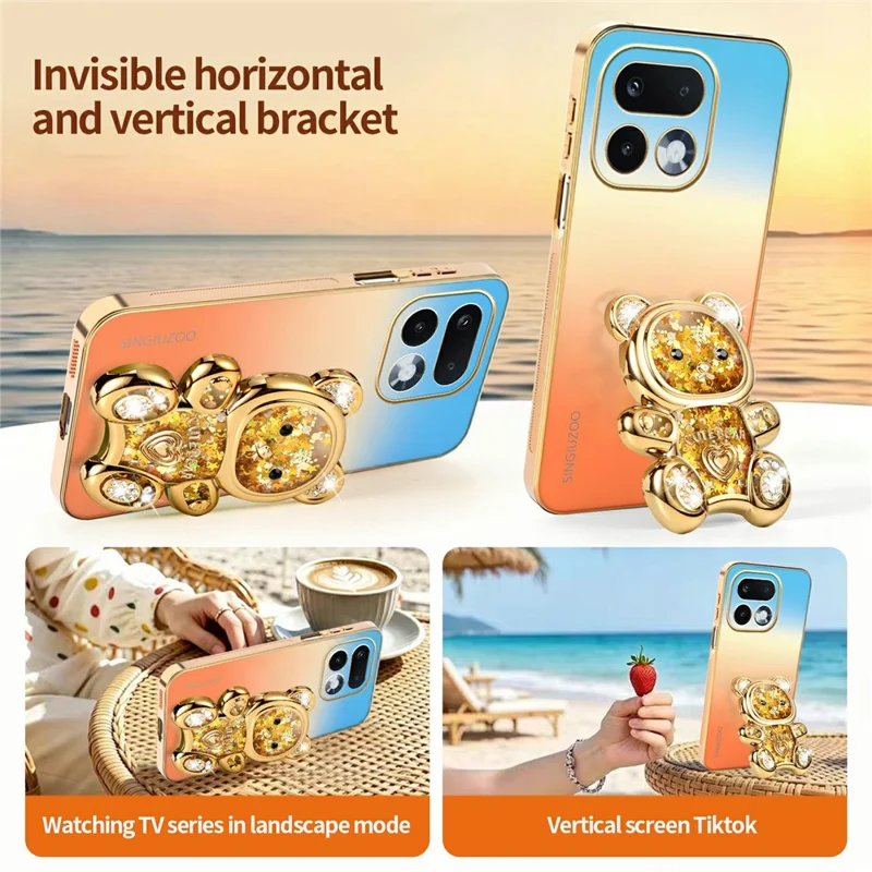 SINGIUZOO For Realme 16 Pro 5G Case Glitter Bear Kickstand Electroplated Gradient Color PC + TPU Phone Cover - Orange