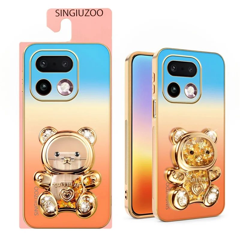 SINGIUZOO For Realme 16 Pro+ 5G Case Glitter Bear Kickstand Electroplated Gradient Color PC + TPU Phone Cover - Orange