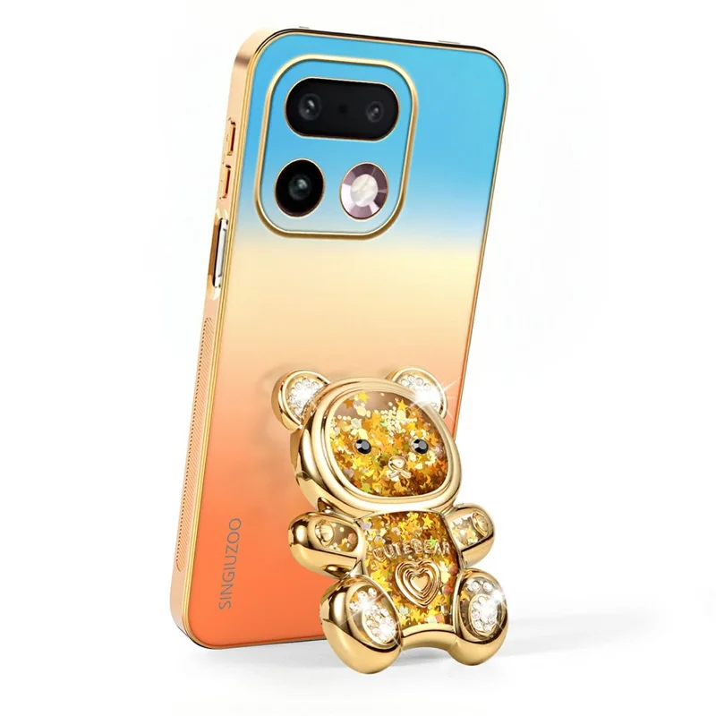 SINGIUZOO For Realme 16 Pro+ 5G Case Glitter Bear Kickstand Electroplated Gradient Color PC + TPU Phone Cover - Orange