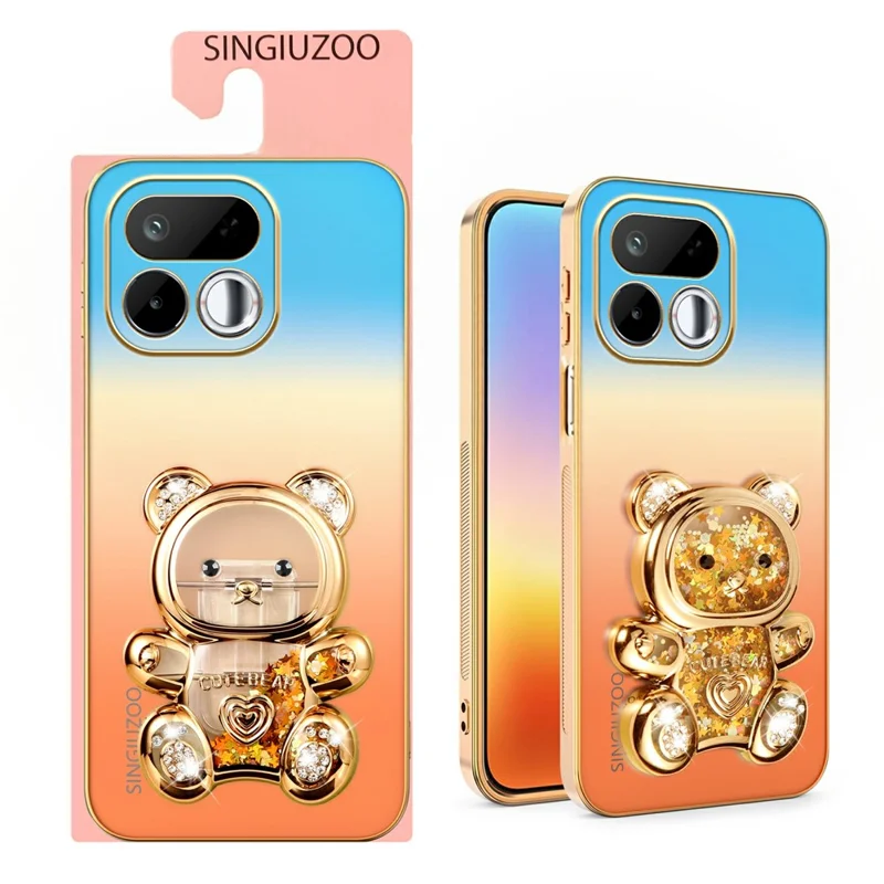 SINGIUZOO For Realme 16T 5G Case Glitter Bear Kickstand Electroplated Gradient Color PC + TPU Phone Cover - Orange